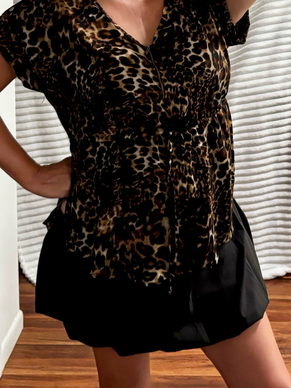 Leopard Print V-Neck Peplum Blouse - Brown/Black